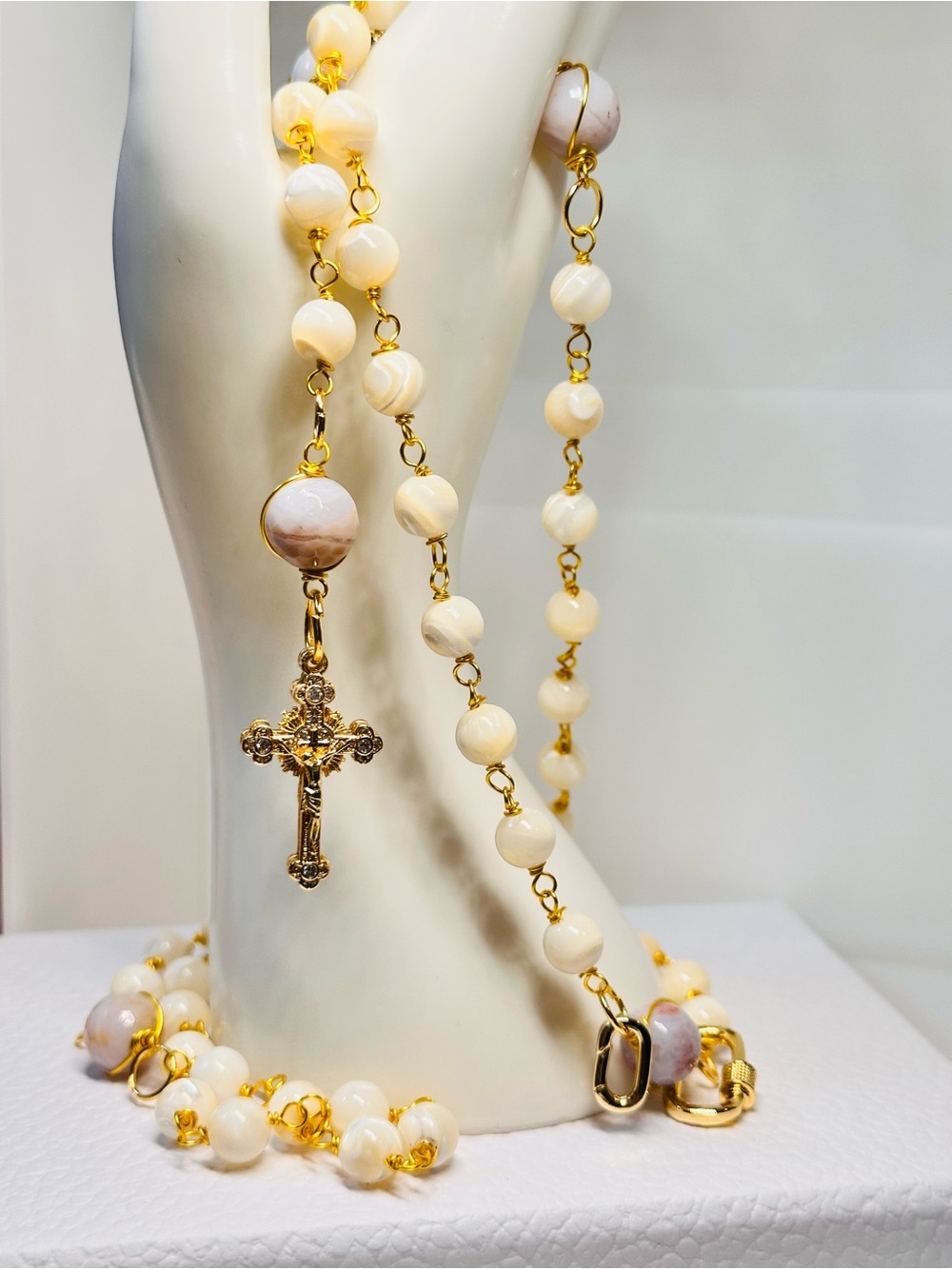 MOTHER OF PEARL Beaded Cross Rosary Necklace -
